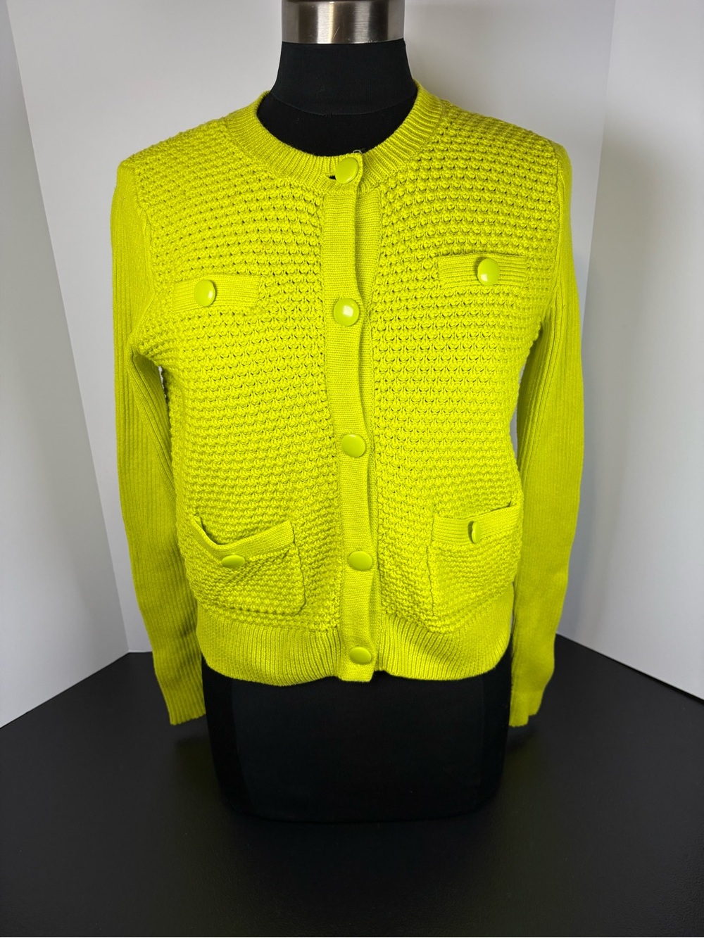 CAbi Neon Lime Textured Knit Button-Front Cardigan